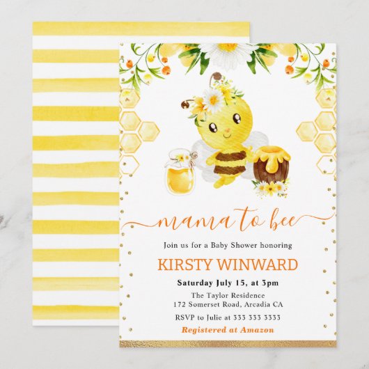 Invitation Aquarelle Floral Bee Baby shower (Devant / Derrière)