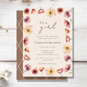 Invitation Aquarelle Floral Beige C'est un Baby shower fémini