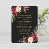 Invitation Aquarelle Floral Black Gold Mariage photo (Debout devant)