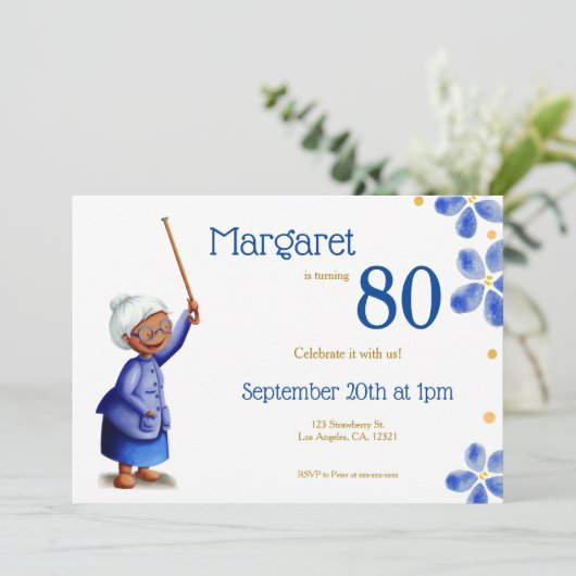 Invitation Aquarelle Floral Black Woman 80e anniversaire (Debout devant)