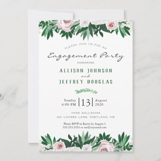 Invitation Aquarelle Floral Blanc Green Engagement Party (Devant)