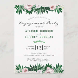 Invitation Aquarelle Floral Blanc Green Engagement Party