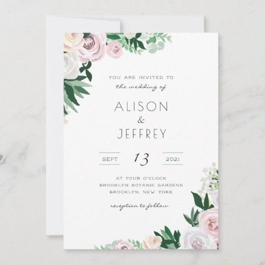 Invitation Aquarelle Floral Blanc Vert rose Mariage (Devant)