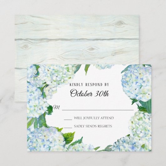Invitation Aquarelle Floral Bleu Blanc Hydrangea Bois Rustiqu (Devant / Derrière)