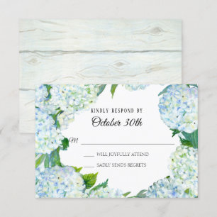 Invitation Aquarelle Floral Bleu Blanc Hydrangea Bois Rustiqu