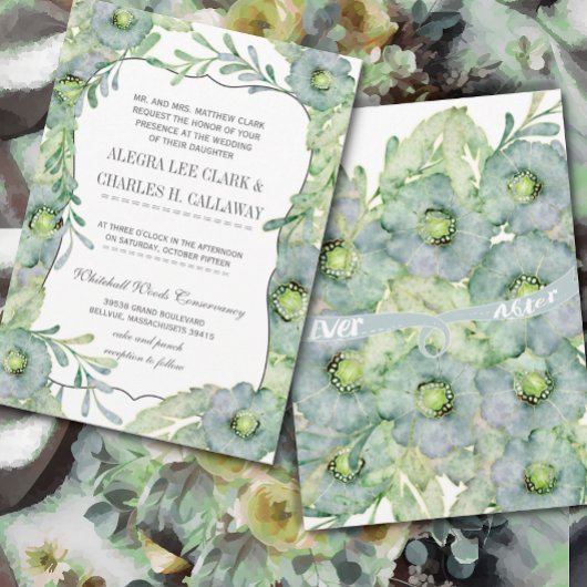 Invitation Aquarelle Floral Bleu et Mariage vert