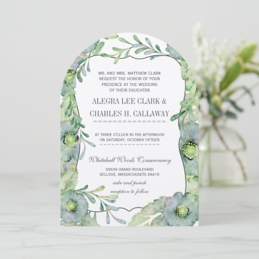 Invitation Aquarelle Floral Bleu et Mariage vert (Debout devant)