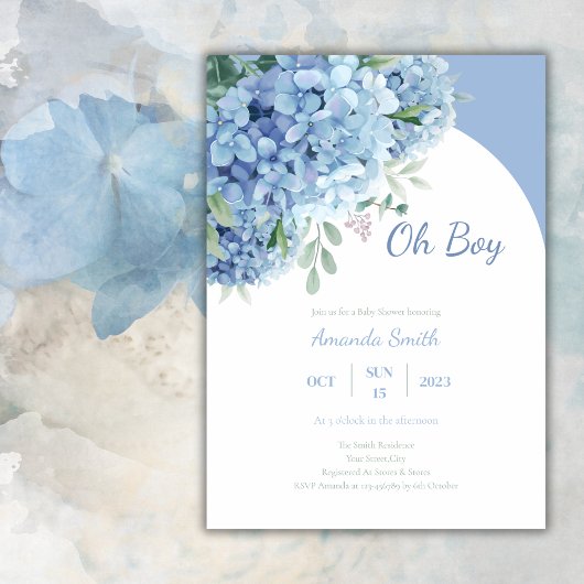 Invitation Aquarelle Floral Bleu Moderne Baby shower garçon