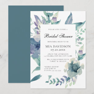 Invitation Aquarelle Floral Bleu pourpre Fête des mariées ver