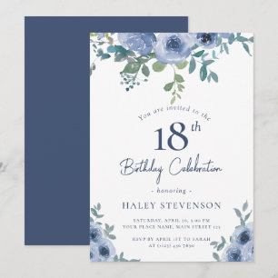 Invitation Aquarelle Floral Bleu Poussiéreux 18ème Anniversai