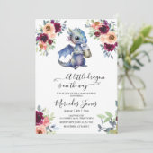 Invitation Aquarelle Floral bleu violet Baby shower Dragon (Debout devant)
