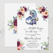 Invitation Aquarelle Floral bleu violet Baby shower Dragon (Devant / Derrière)
