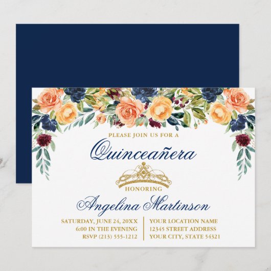 Invitation Aquarelle Floral Blue or Quinceanera Party (Devant / Derrière)
