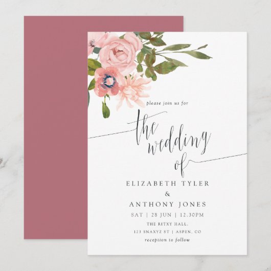 Invitation Aquarelle floral Blush et Rose Mariage or (Devant / Derrière)