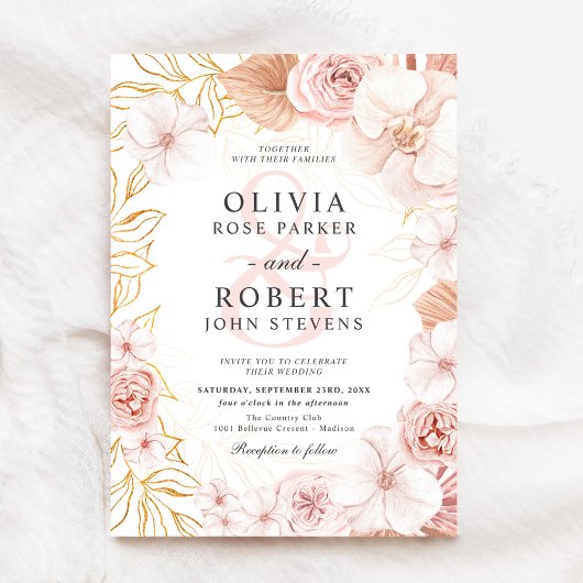 Invitation Aquarelle Floral Blush Mariage or rose