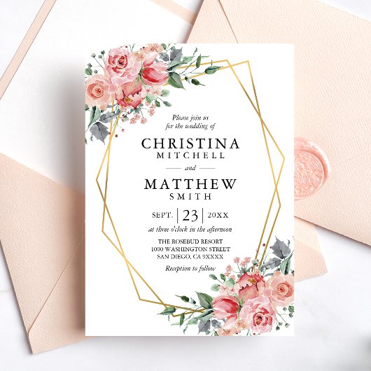Invitation Aquarelle Floral Blush Rose Greenery Mariage or