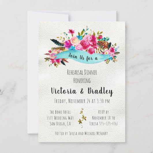 Invitation Aquarelle Floral Boho Dîner de répétition chic (Devant)