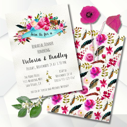 Invitation Aquarelle Floral Boho Dîner de répétition chic