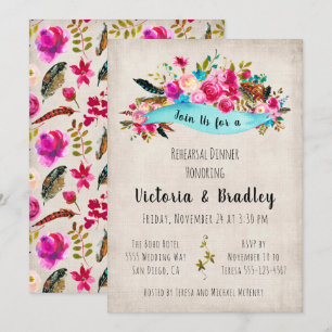 Invitation Aquarelle Floral Boho Dîner de répétition chic