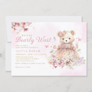 Invitation Aquarelle Floral Boho Teddy Bear Girl Baby shower