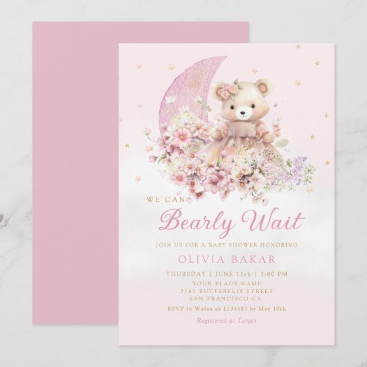 Invitation Aquarelle Floral Boho Teddy Bear Girl Baby shower (Devant / Derrière)