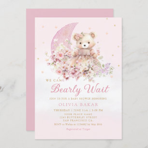 Invitation Aquarelle Floral Boho Teddy Bear Girl Baby shower