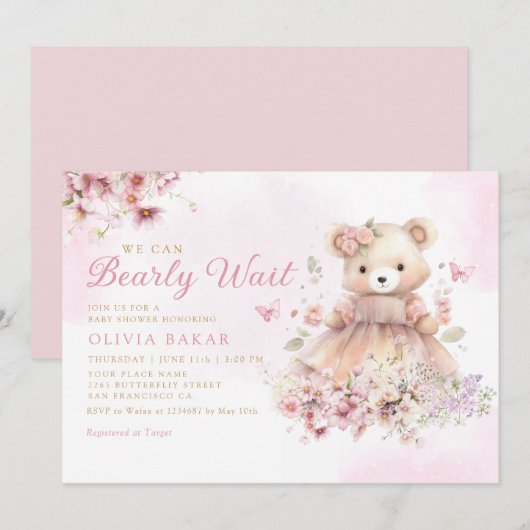 Invitation Aquarelle Floral Boho Teddy Bear Girl Baby shower (Devant / Derrière)