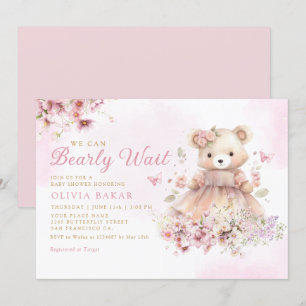 Invitation Aquarelle Floral Boho Teddy Bear Girl Baby shower