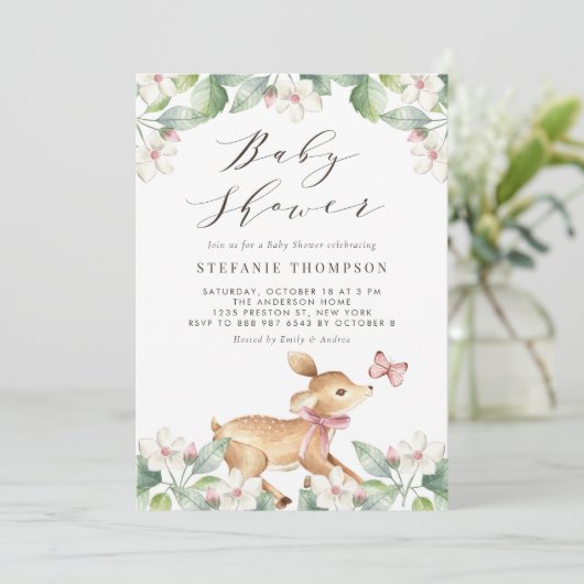 Invitation Aquarelle Floral Bois Baby shower de cerfs (Debout devant)
