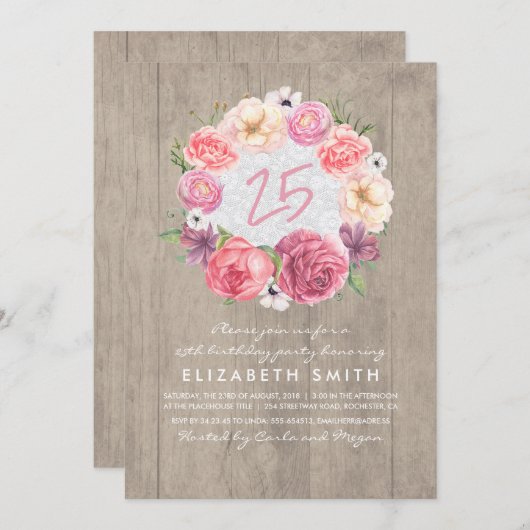 Invitation Aquarelle Floral Bois rustique fête d'anniversaire (Devant / Derrière)