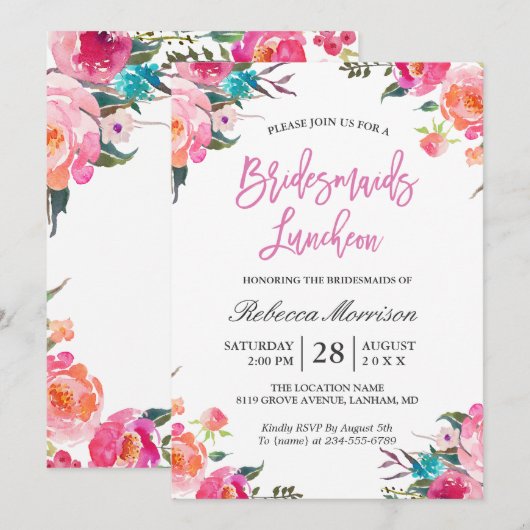 Invitation Aquarelle Floral Botanical Bridesservantes Déjeune (Devant / Derrière)