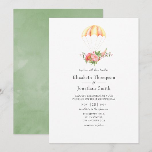 Invitation Aquarelle Floral Bouquet Parachute Mariage (Devant / Derrière)