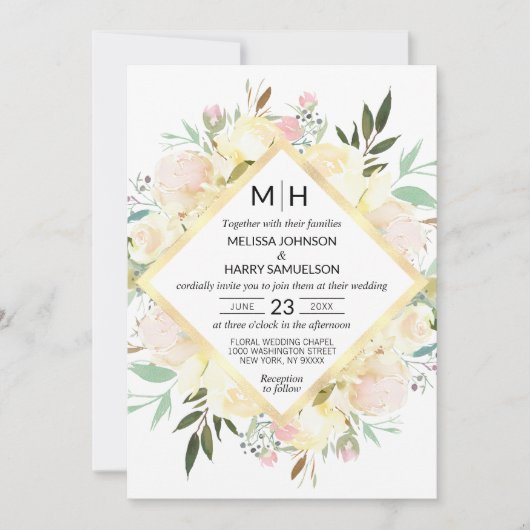Invitation Aquarelle Floral Bouquet Rose Or Blanc Mariage (Devant)