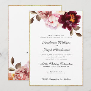 Invitation Aquarelle Floral Bourgogne Bouquet Romance Mariage