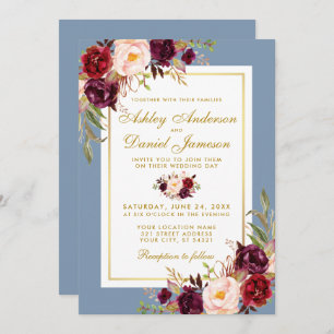 Invitation Aquarelle Floral Bourgogne Dusty Blue Gold Mariage
