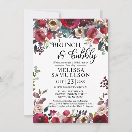 Invitation Aquarelle Floral Bourgogne Fête des mariées Brunch (Devant)