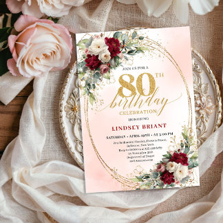 Invitation Aquarelle Floral Bourgogne Or 80e Anniversaire
