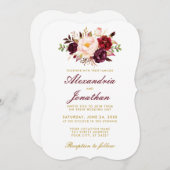 Invitation Aquarelle Floral Bourgogne Or Mariage BR (Devant / Derrière)