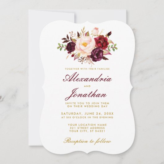 Invitation Aquarelle Floral Bourgogne Or Mariage BR (Devant)