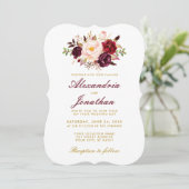 Invitation Aquarelle Floral Bourgogne Or Mariage BR (Debout devant)