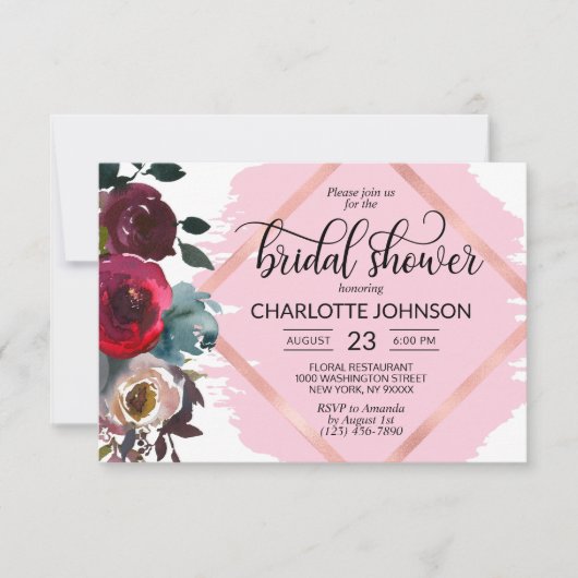 Invitation Aquarelle Floral Bourgogne Rose Fête des mariées o (Devant)