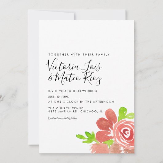 Invitation Aquarelle Floral Bund'Mariage rose pâle (Devant)