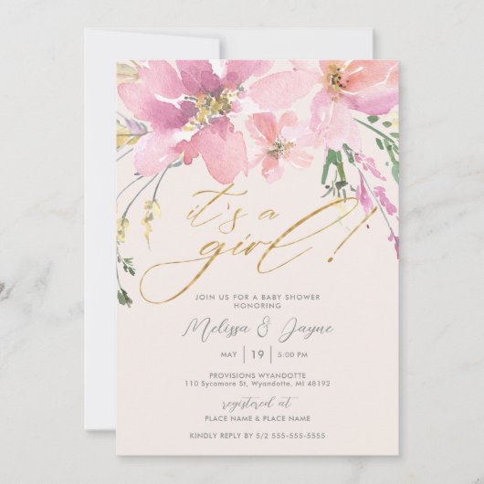 Invitation Aquarelle Floral C'est un Baby shower de fille (Devant)