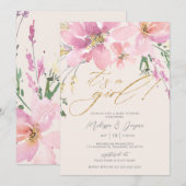 Invitation Aquarelle Floral C'est un Baby shower de fille (Devant / Derrière)