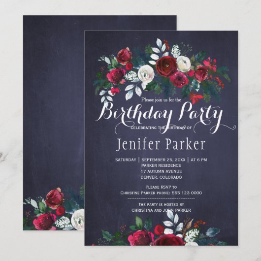 Invitation Aquarelle Floral Chic Winter Navy fête d'anniversa (Devant / Derrière)