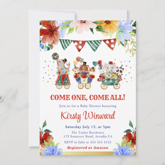Invitation Aquarelle Floral Circus Animaux Baby shower (Devant)
