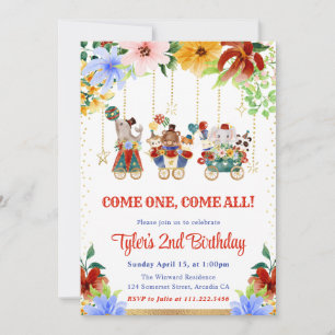 Invitation Aquarelle Floral Cirque Animaux Fête Anniversaire