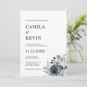 Invitation Aquarelle Floral Classique Marine Mariage bleu (Debout devant)