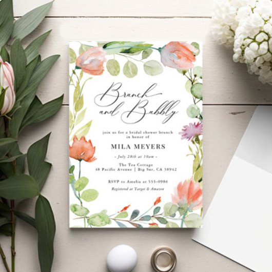 Invitation Aquarelle Floral Coral Vert Brunch Bubbly Douche