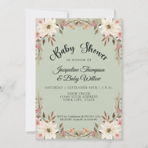 Invitation Aquarelle Floral Cottage Sage Bébé Fille Douche